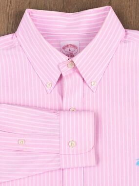 Brooks Brothers 346 Dress Shirt Button Down Mens L Pink White Stripe Non Iron